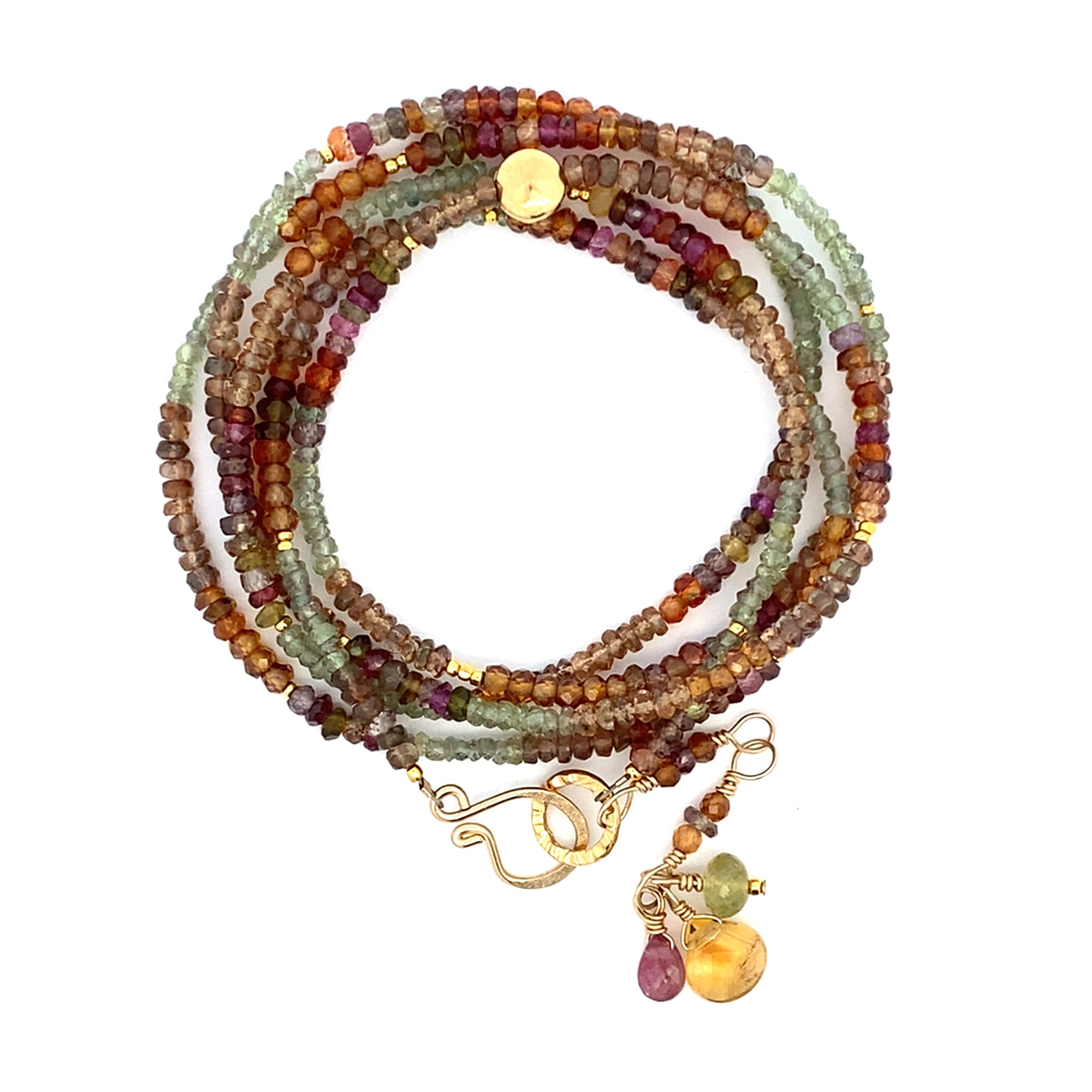 Multi Gemstone Necklace/Wrapped Bracelet with Andalusite, Tourmaline, and Green Sapphire in Gold