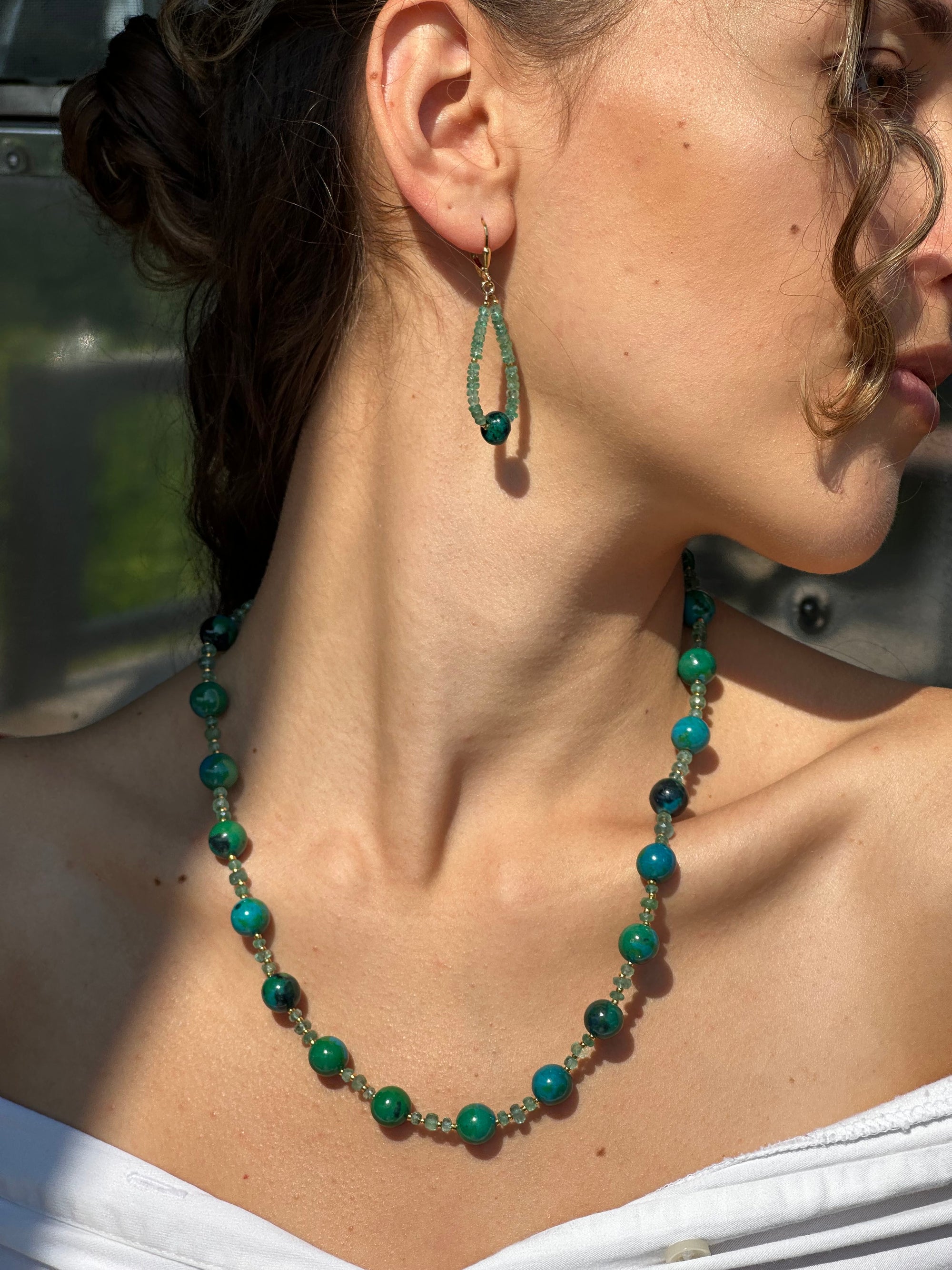 Gold Chrysocolla and Emerald Necklace