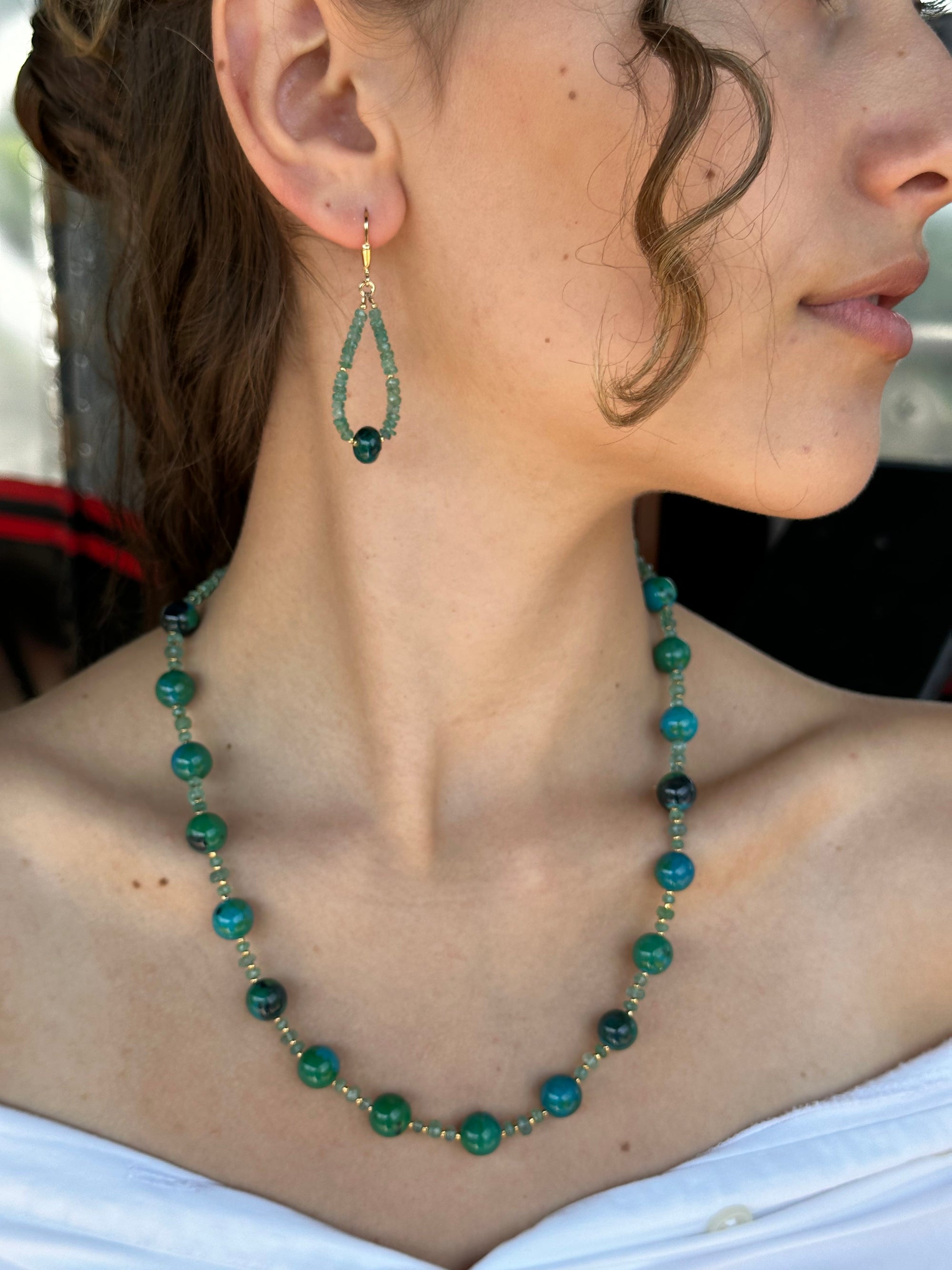 Gold Chrysocolla and Emerald Leverback Earrings