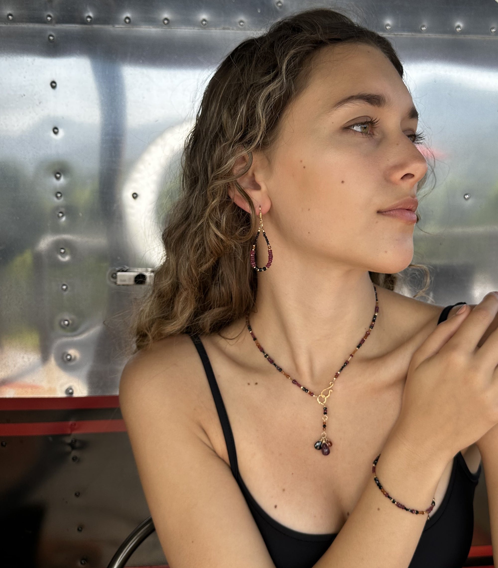 Gold Leverback Earrings with Black Spinel, Hessonite, and Ruby