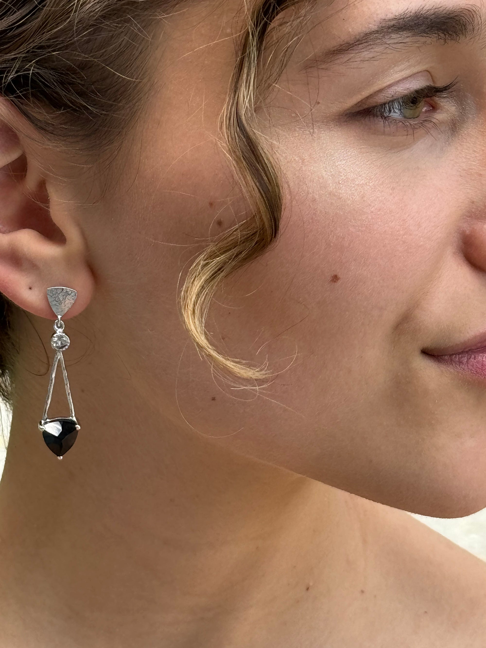 Silver Triangle Drop Black Spinel Earrings