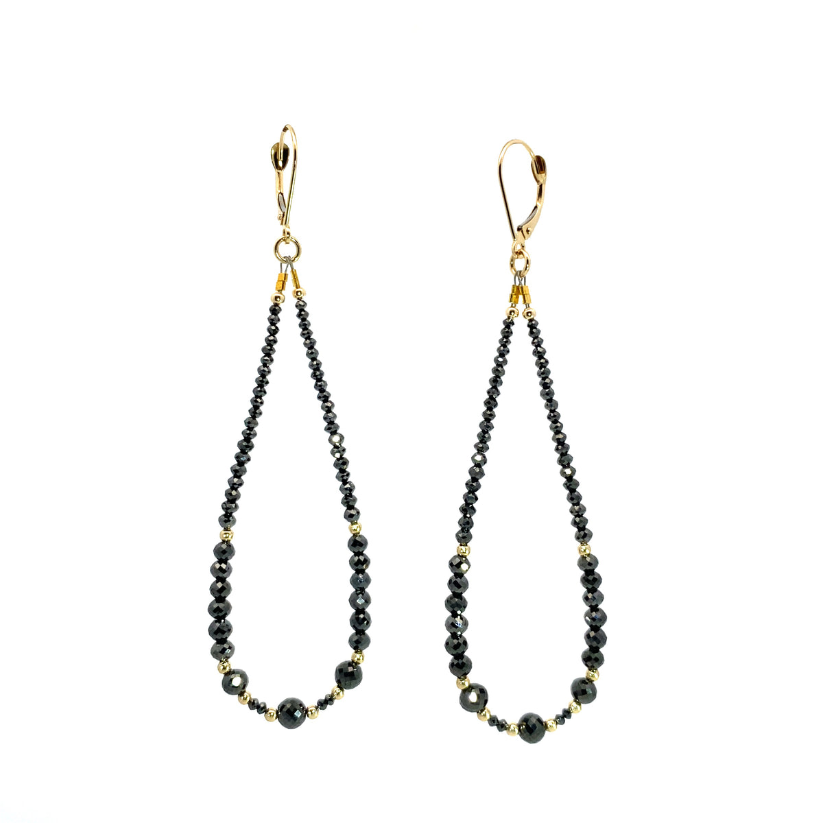 14k Gold Bead and Graduated Black Diamond Symmetrical Earrings