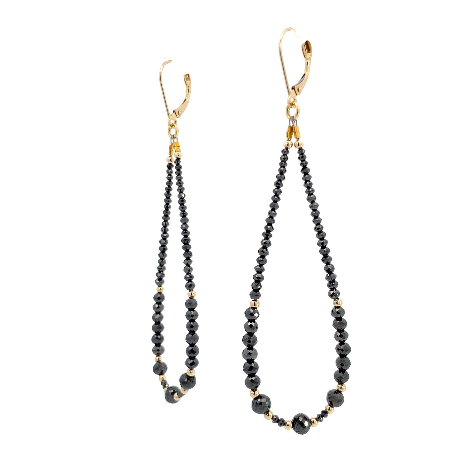 14k Gold Bead and Graduated Black Diamond Symmetrical Earrings