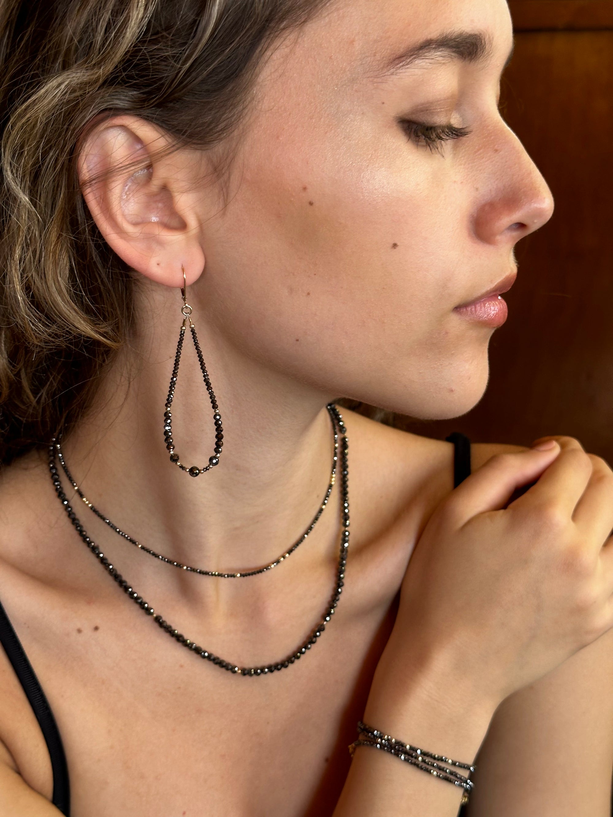 14k Gold Bead and Graduated Black Diamond Symmetrical Earrings