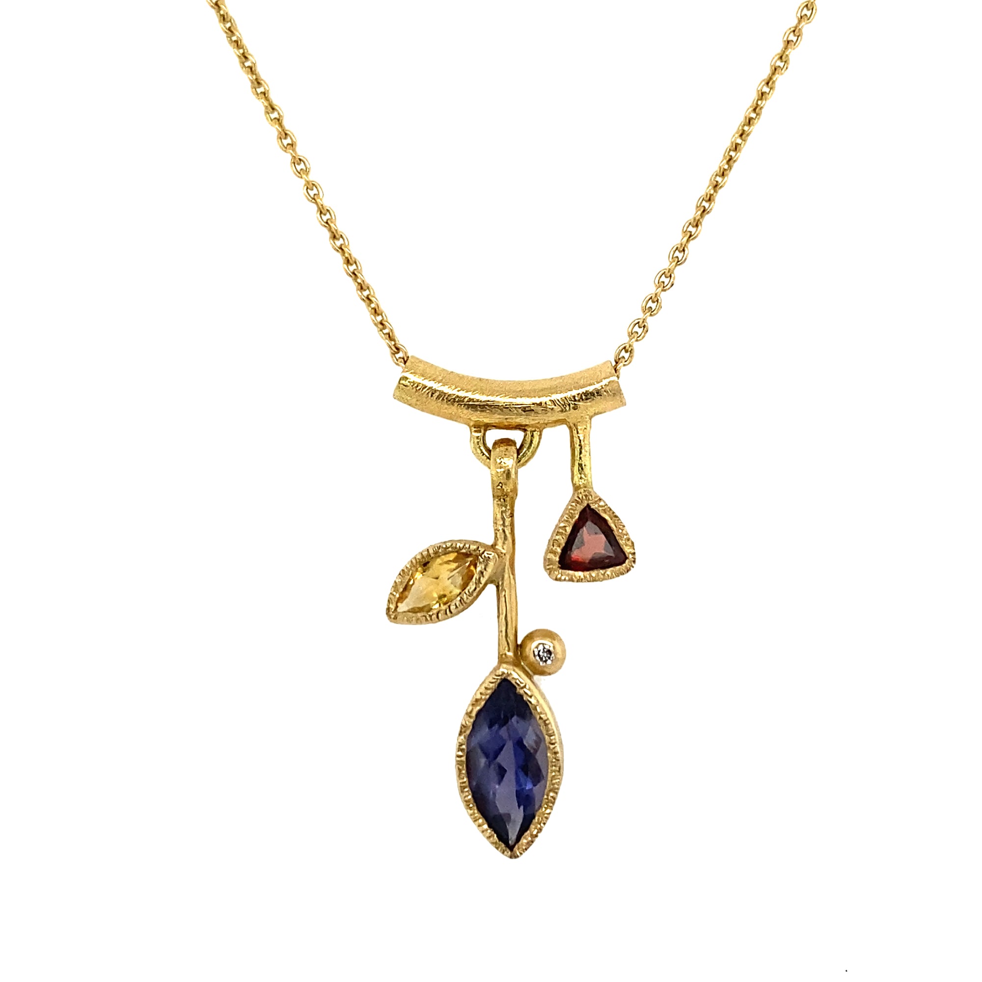 3 Stone Petal Pendant Iolite - 14k Gold with White Diamond, Small