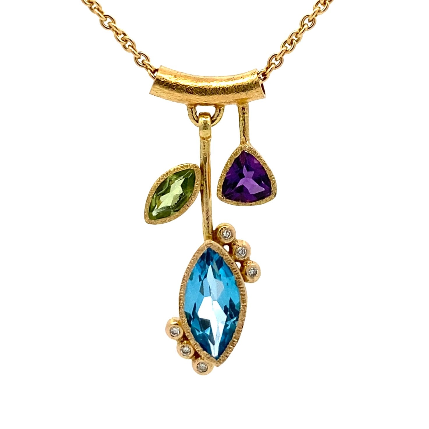 3 Stone Petal Pendant Blue Topaz - 14k Gold with White Diamond