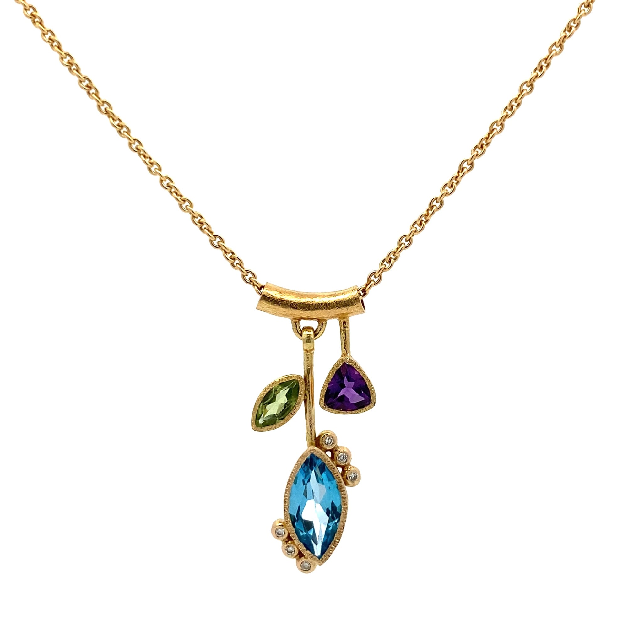 3 Stone Petal Pendant Blue Topaz - 14k Gold with White Diamond