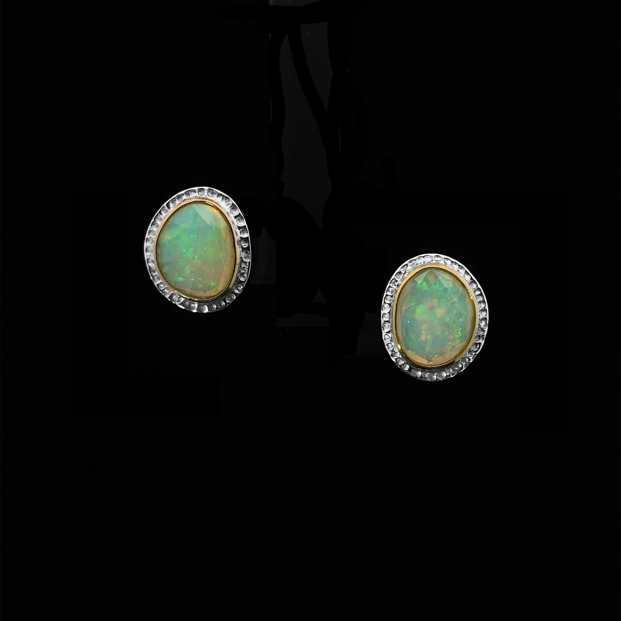 14k Gold Bezel White Opal Sterling Silver Studs