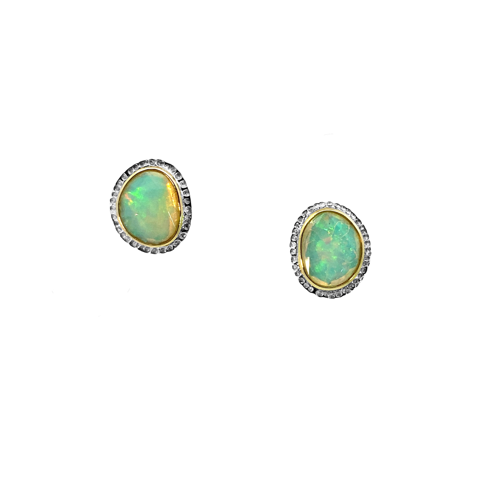 14k Gold Bezel White Opal Sterling Silver Studs