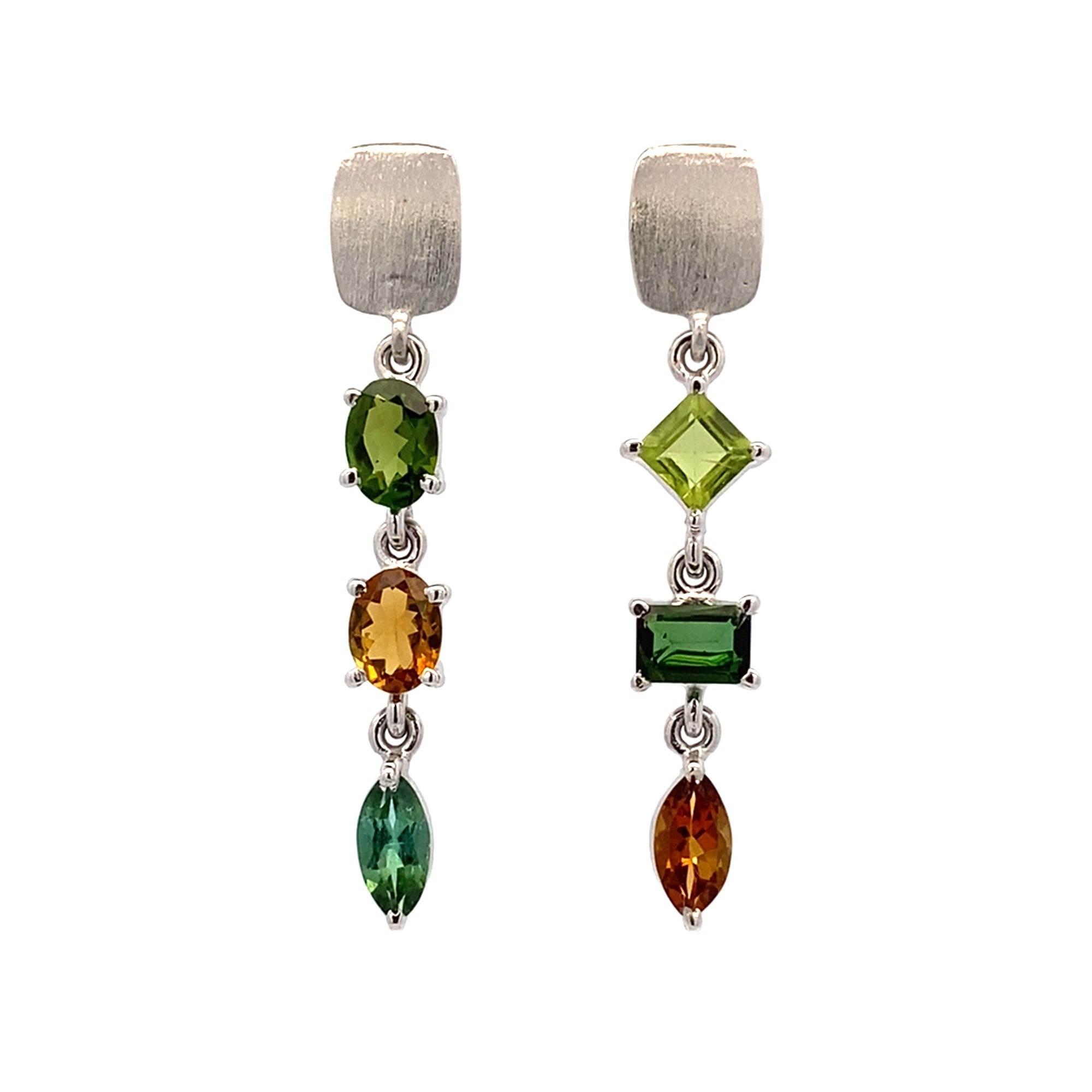 Asymmetrical Mixed Tourmaline Earrings - Silver