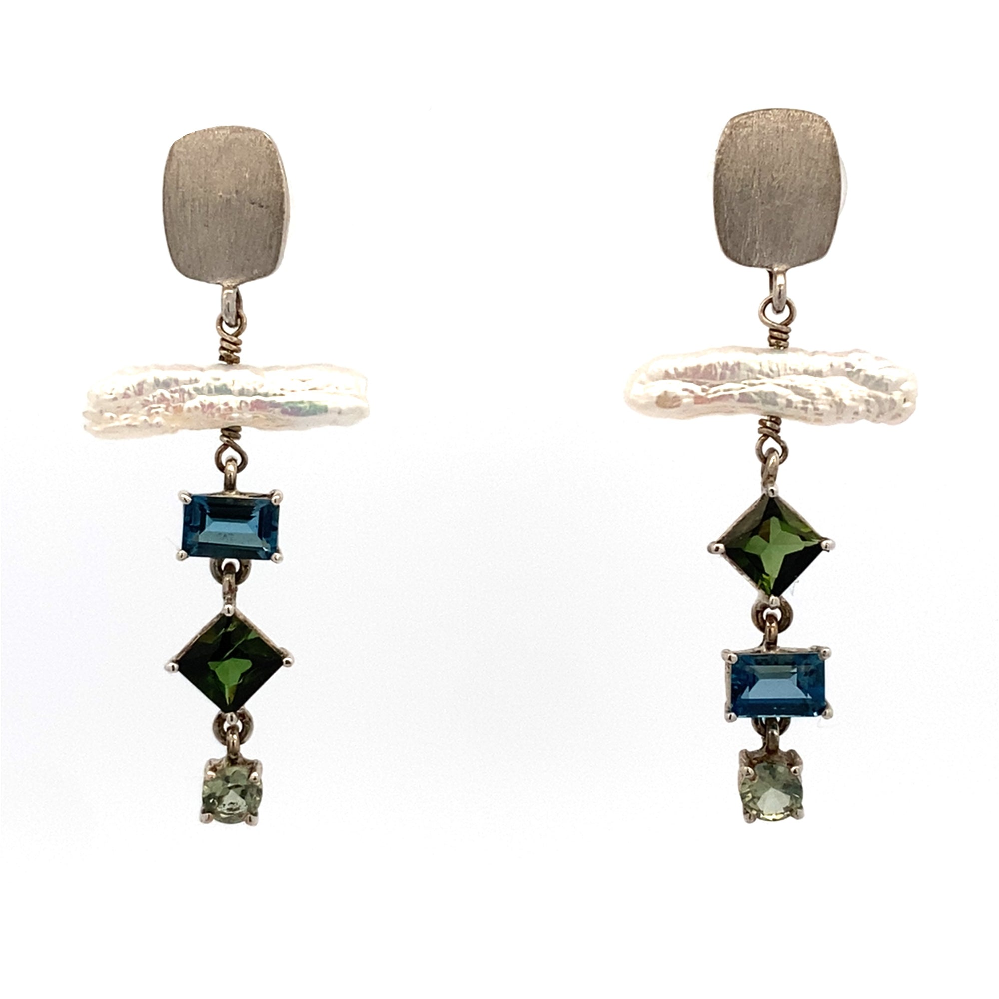 Asymmetrical Tourmaline & Stick Pearl Earrings - Silver