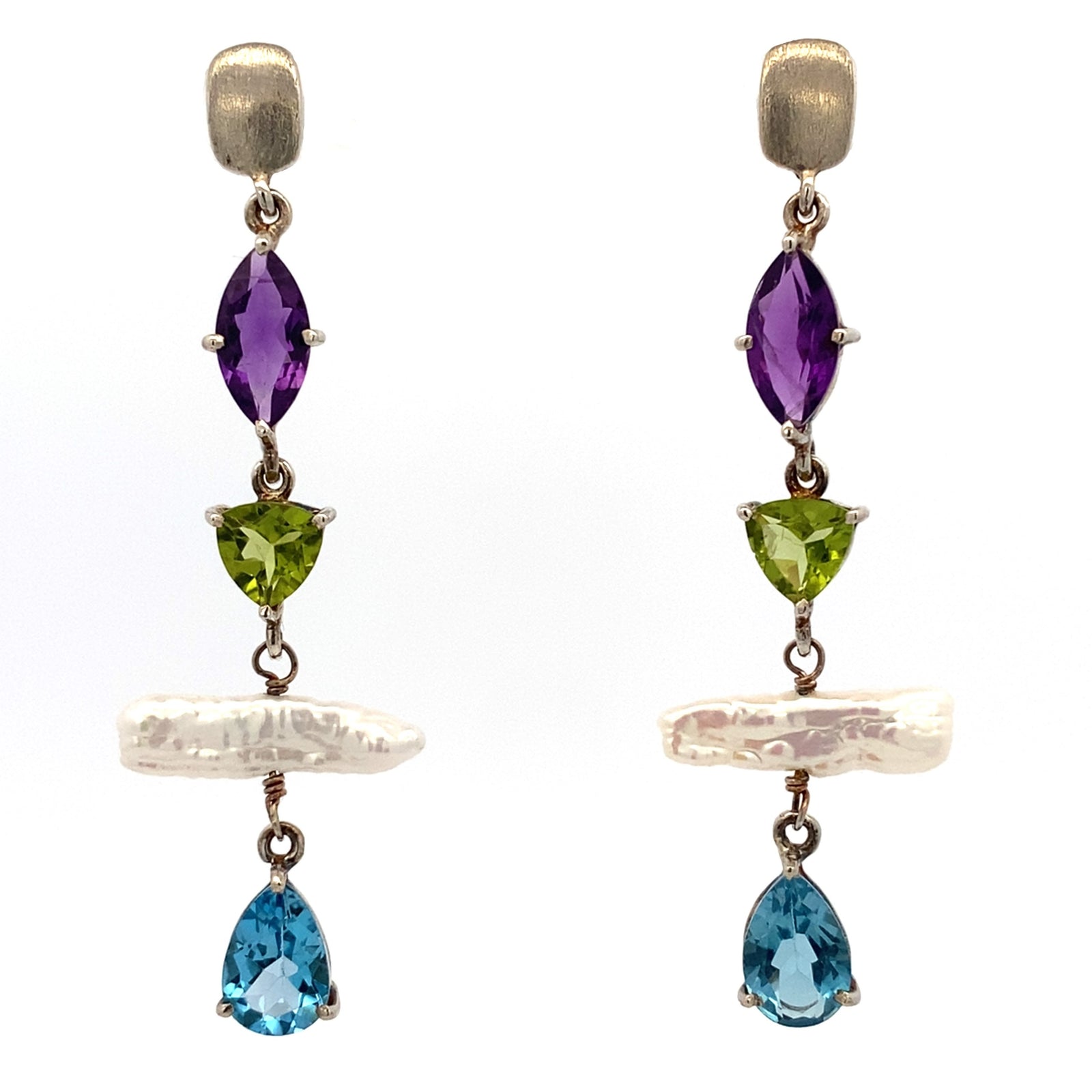 Gemstone and Stick Pearl Earrings - Silver