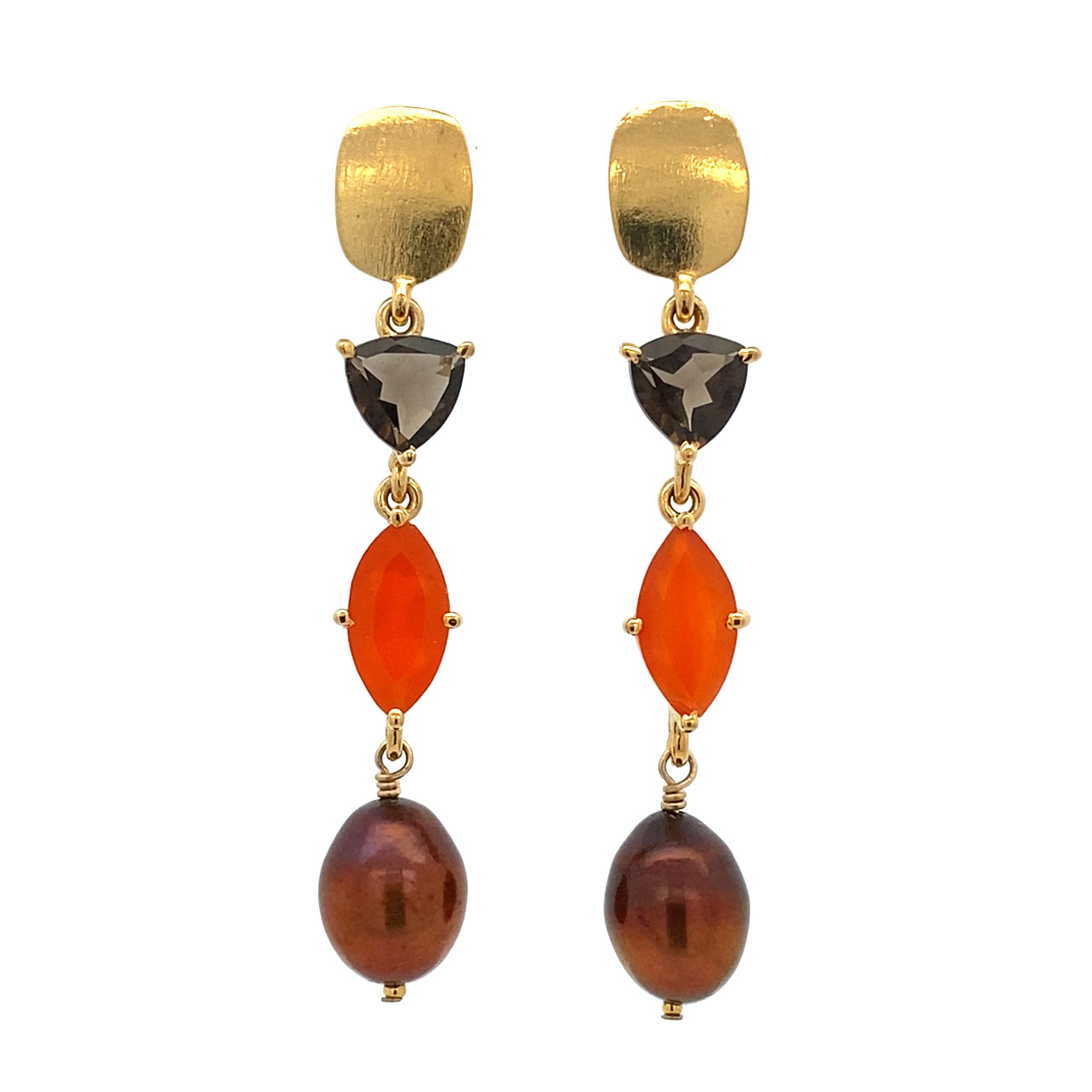 Smoky Quartz, Carnelian and Bronze Pearl Earrings - 18k Vermeil