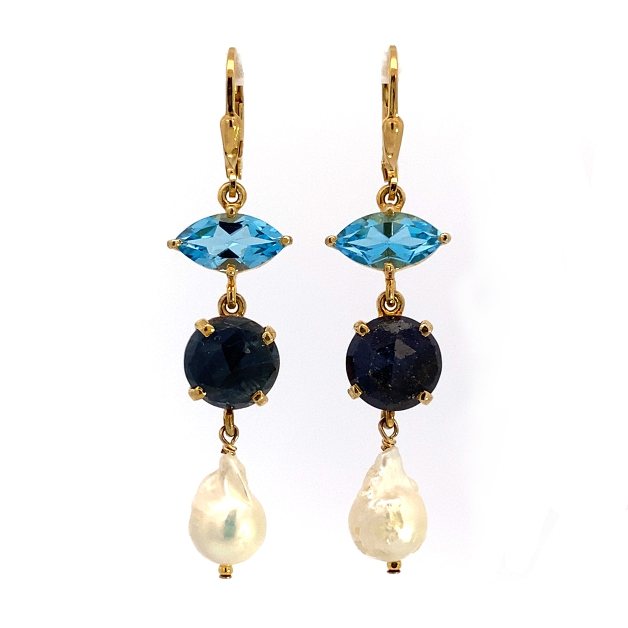 Blue Topaz, Round Blue Sapphire and Pearl Drop Earring- 18k Vermeil