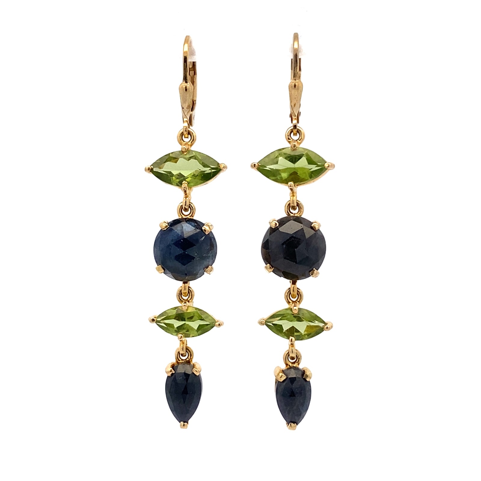 Rose Cut Blue Sapphire Slice and Peridot Earring - Leverback