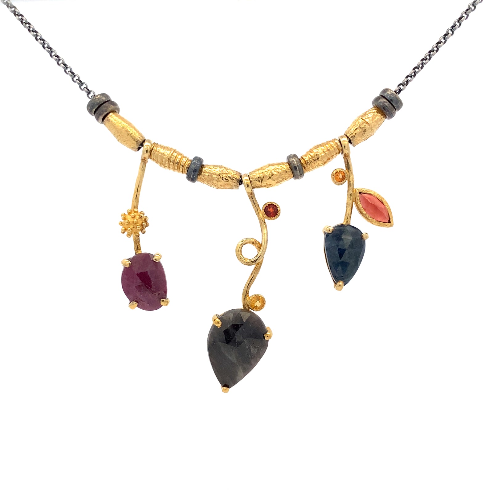 3 Stick Sapphire and Garnet Necklace in Gold