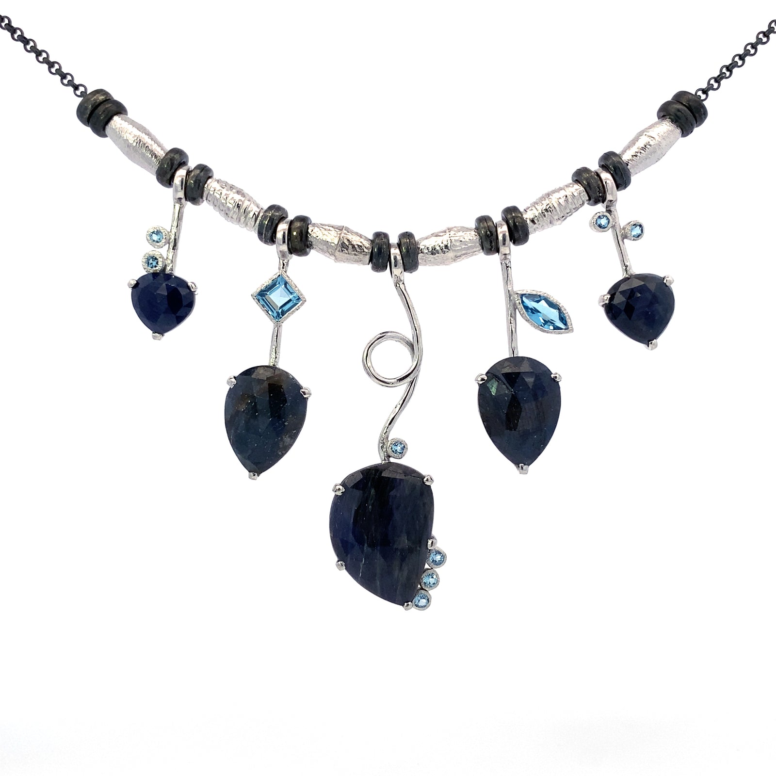 5 Stick Rose Cut Sapphire Necklace With Blue Topaz