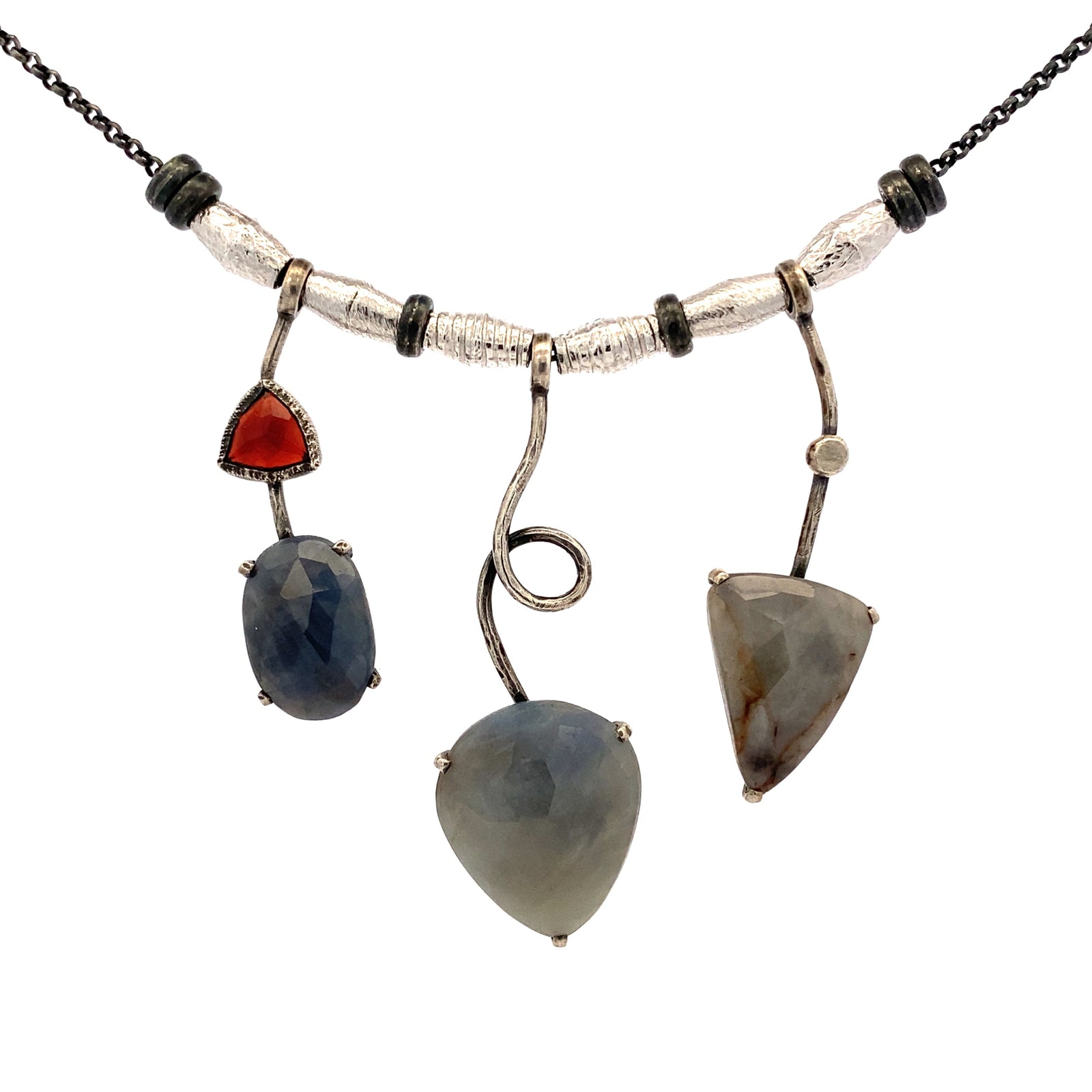 3 Stick Gray and Blue Sapphire Necklace with Garnet