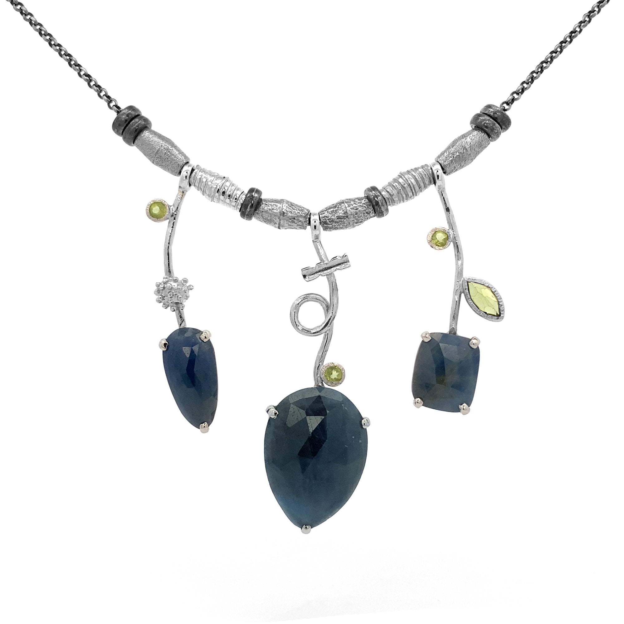 3 Stick Blue Sapphire Necklace with Peridot