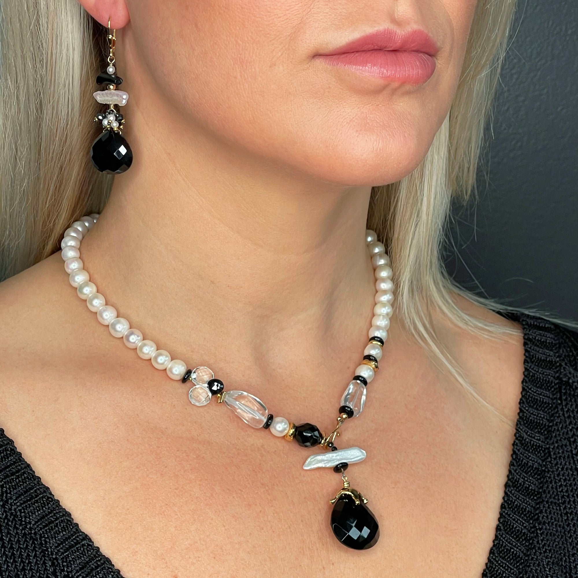 Onyx, Pearl, Crystal- 18k Vermeil Necklace