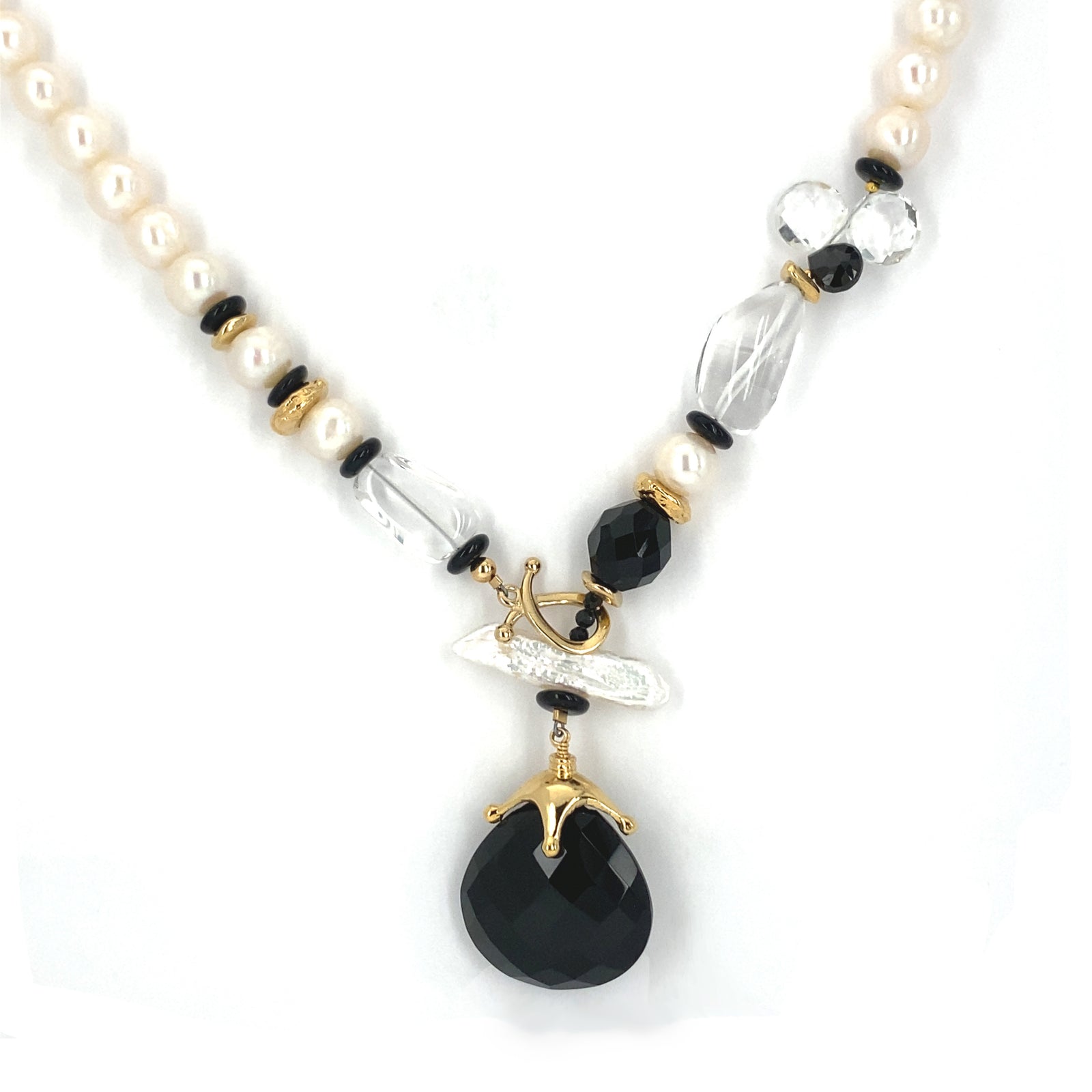 Onyx, Pearl, Crystal- 18k Vermeil Necklace