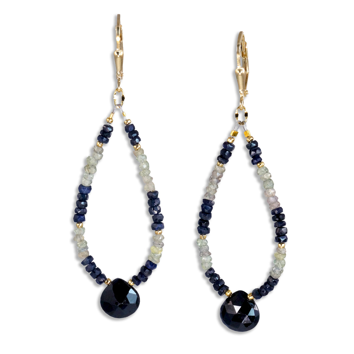 Gold Leverback Earrings with Black Sapphire, Green Sapphire &amp; Black Spinel