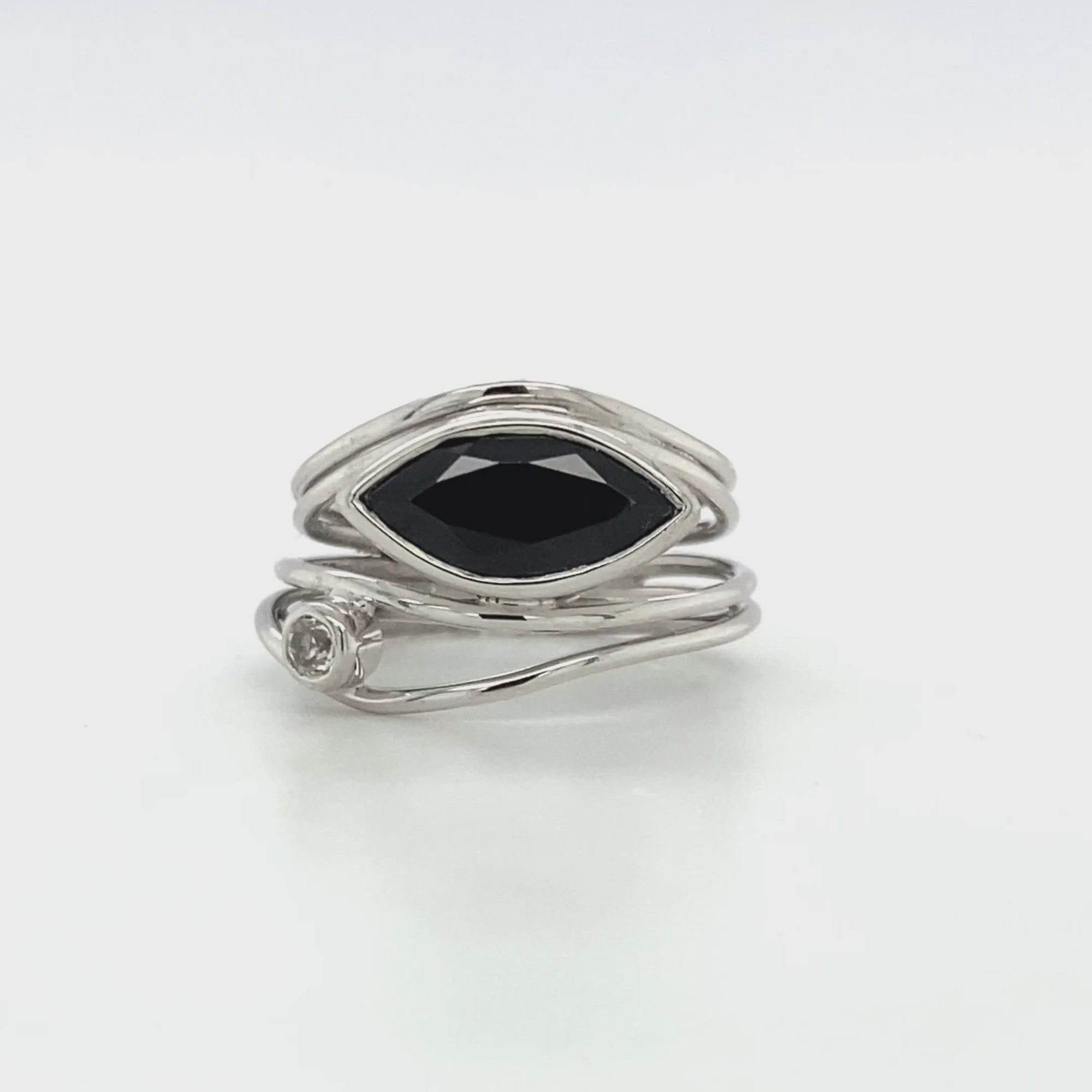 East West Silver Marquise Ring - Black Spinel