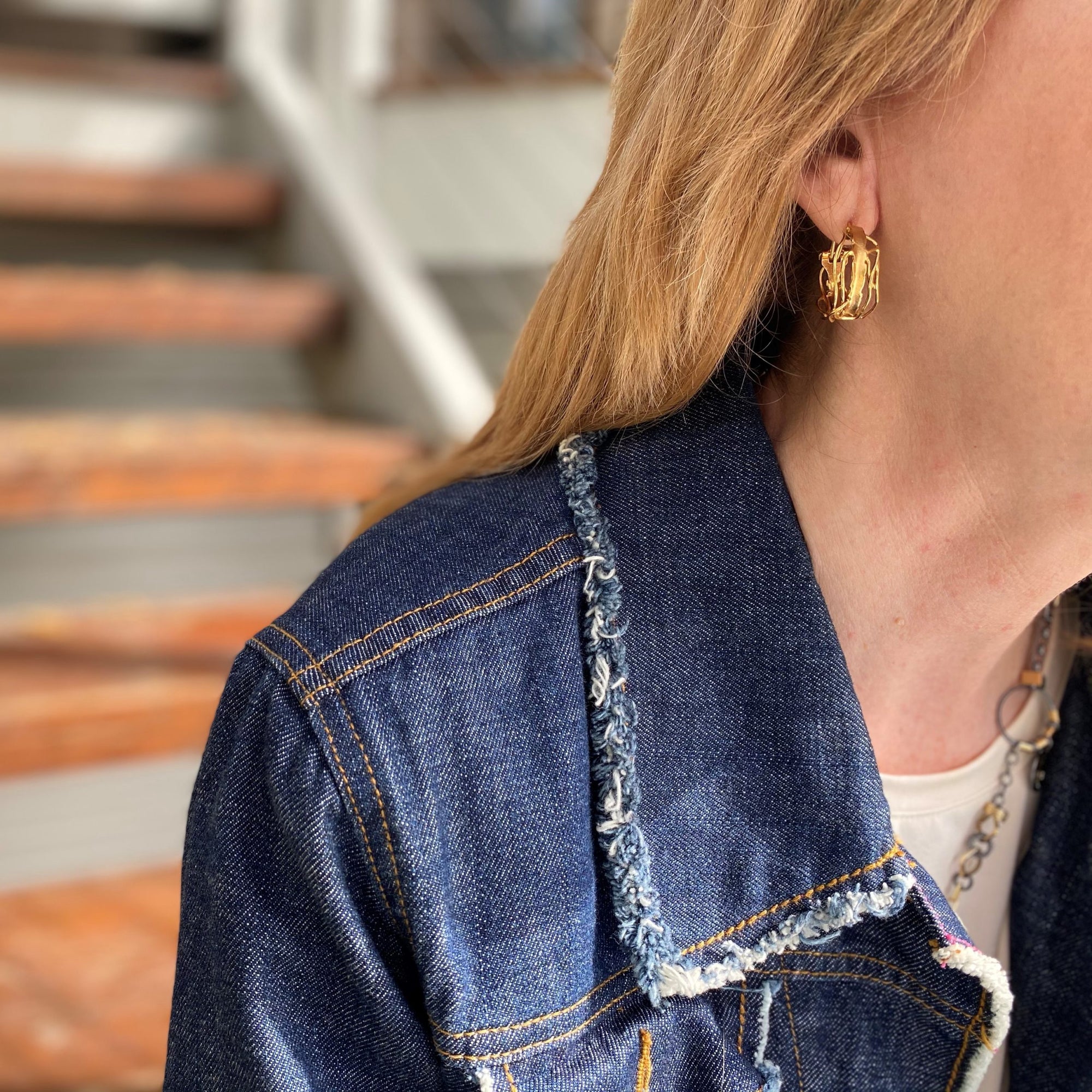 Gold Edge Post Hoops - Medium Omega Clip Earrings