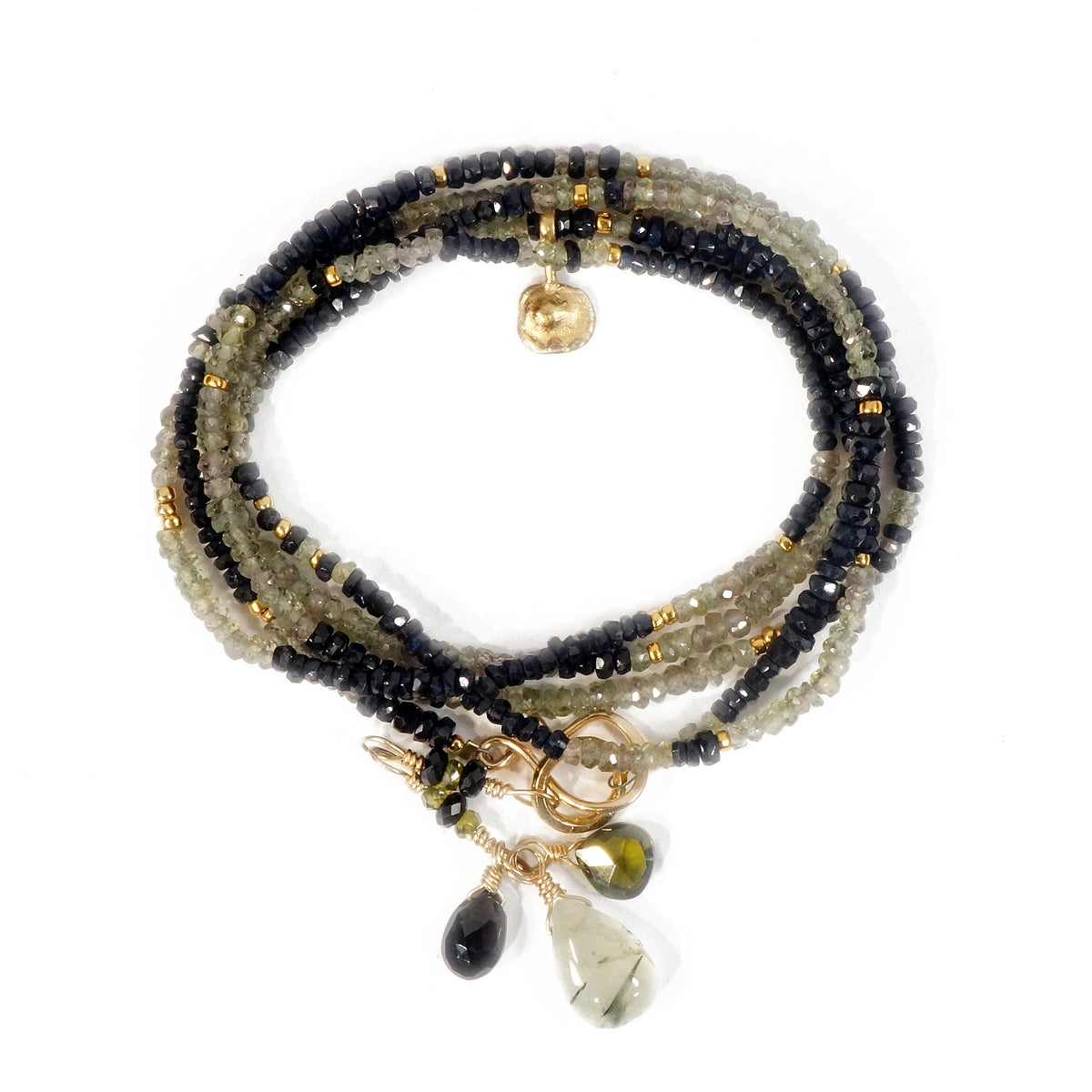 Gold Long Necklace/Wrapped Bracelet with Black Sapphire &amp; Green Sapphire