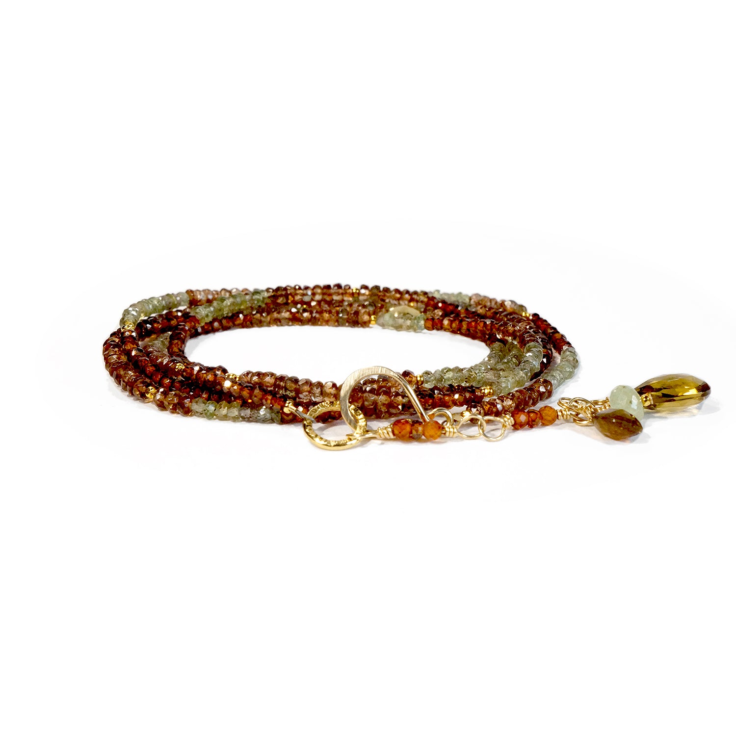 Multi Gemstone Necklace/Wrapped Bracelet with Andalusite and Green Sapphire in Gold