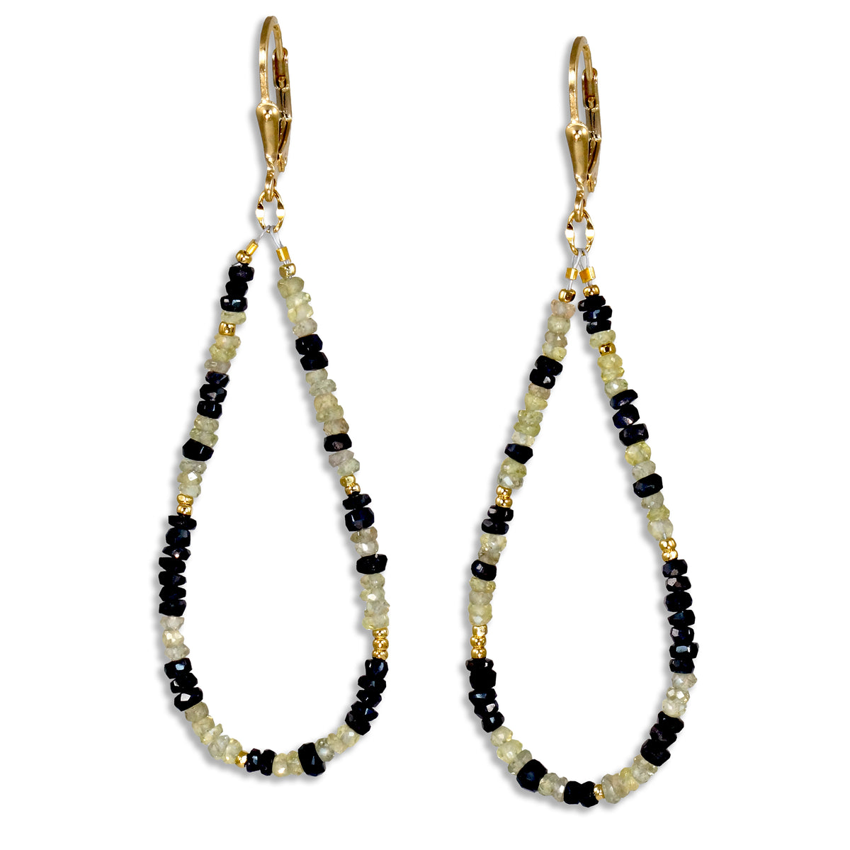 Gold Leverback Earrings with Black Sapphire &amp; Green Sapphire - Large