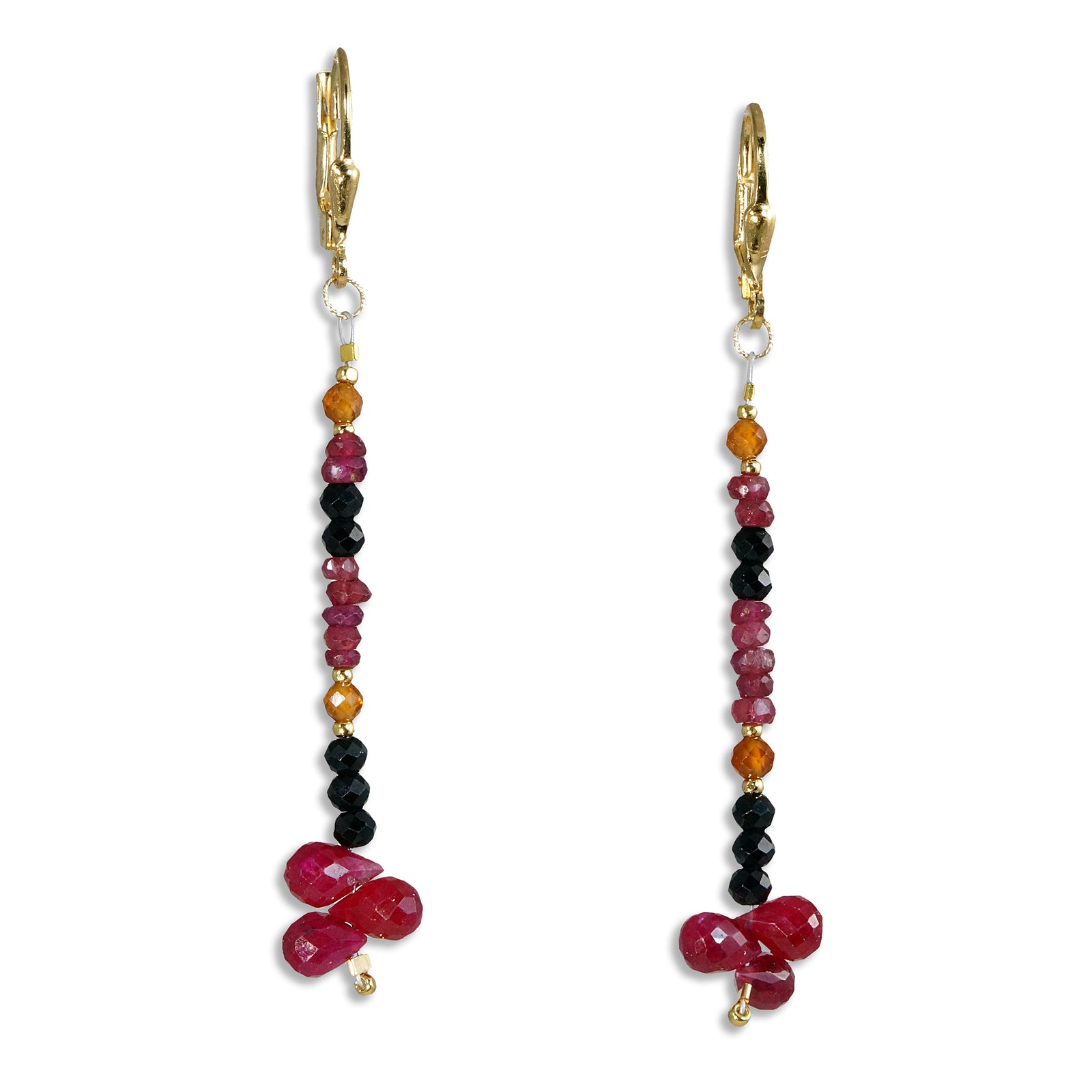Gold Leverback Earrings with Black Spinel, Ruby, Hessonite