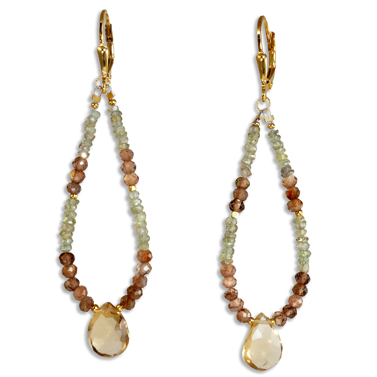 Gold Leverback Earrings with Andalusite, Green Sapphire, Champagne Quartz