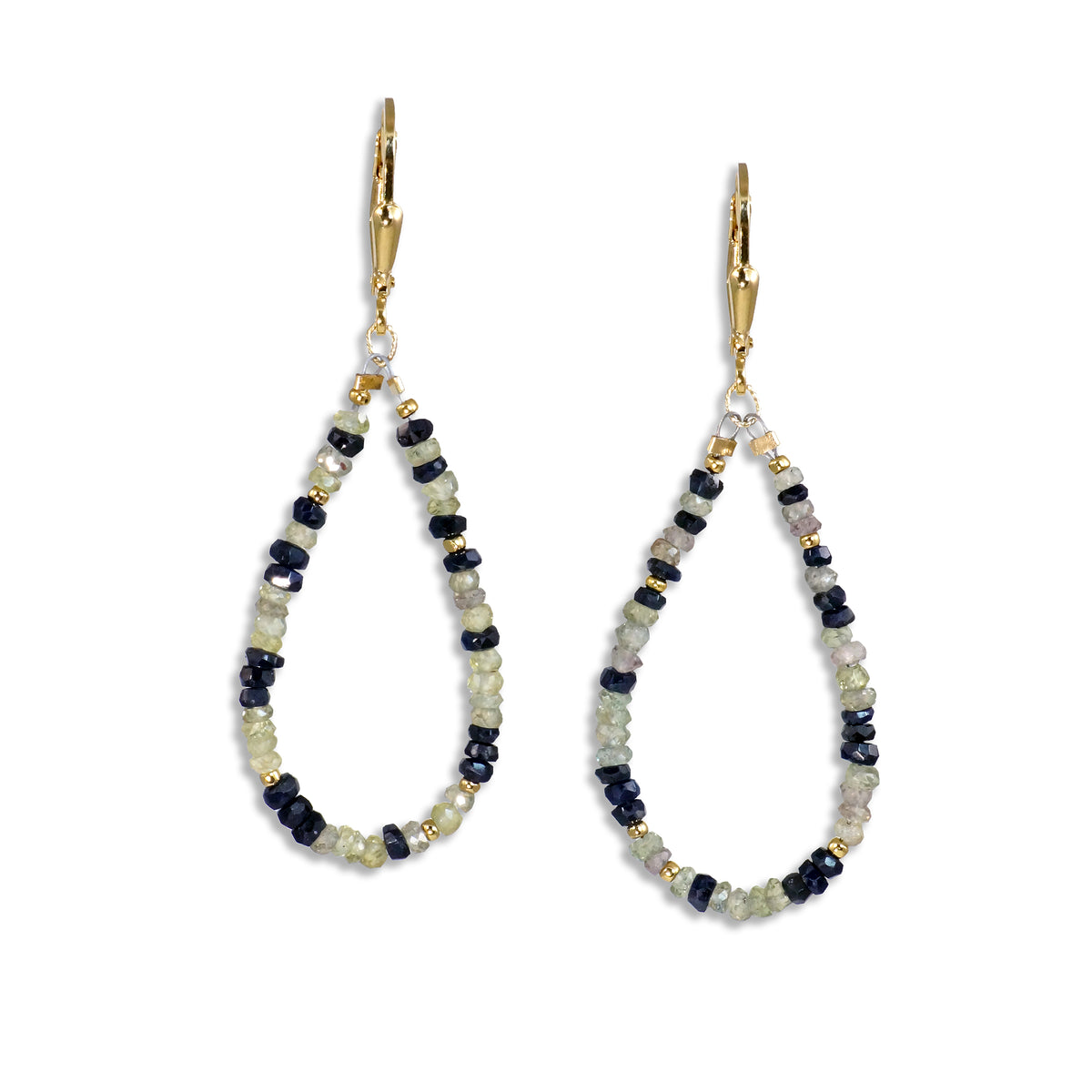 Gold Leverback Earrings with Green &amp; Sapphire Black Sapphire