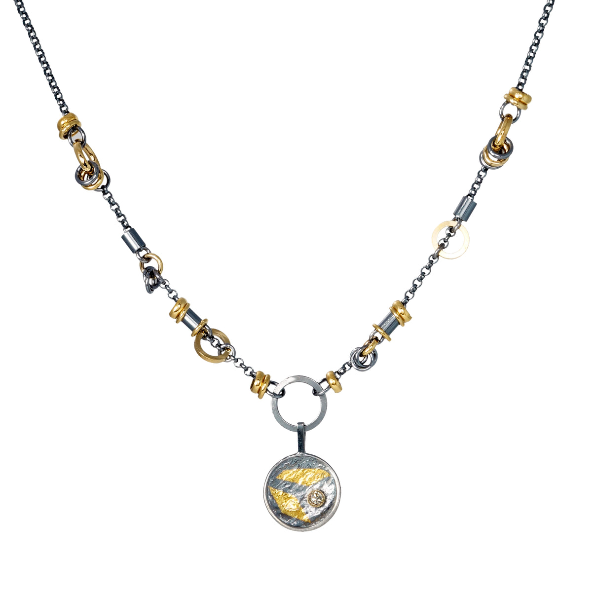 Black and Gold Keum-Boo Diamond Disk Necklace