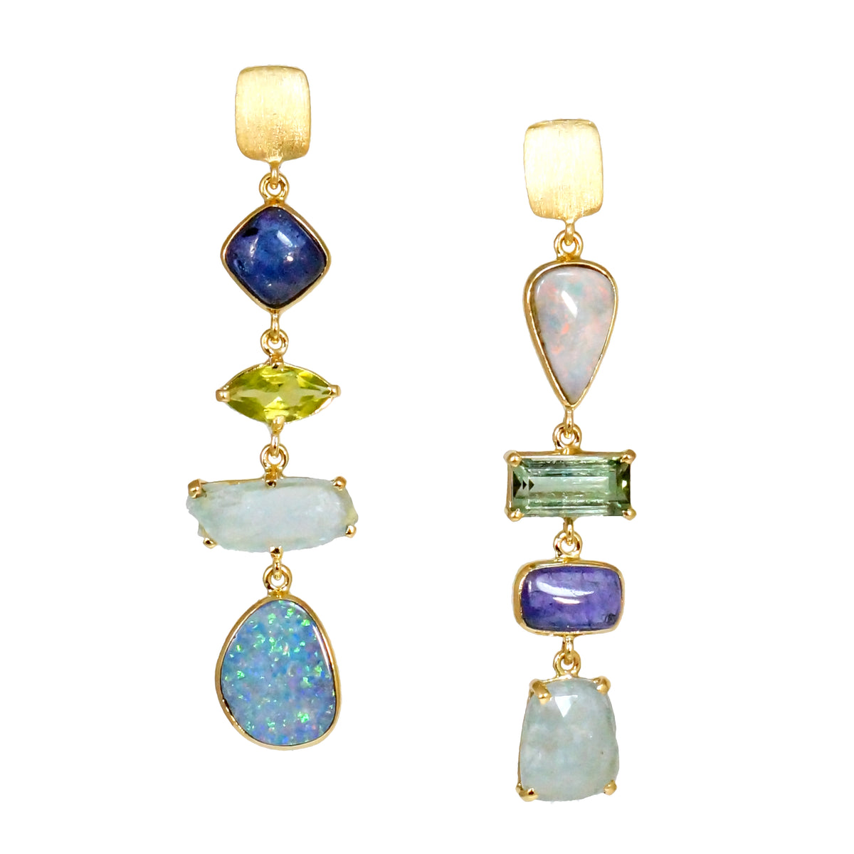 14k Gold Asymmetrical Opal, Tanzanite &amp; Multi-Stone Earrings