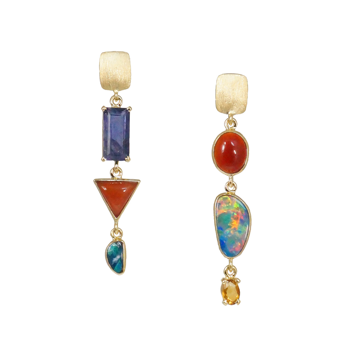 14k Gold Asymmetrical Opal, Carnelian &amp; Multi-Stone Earrings