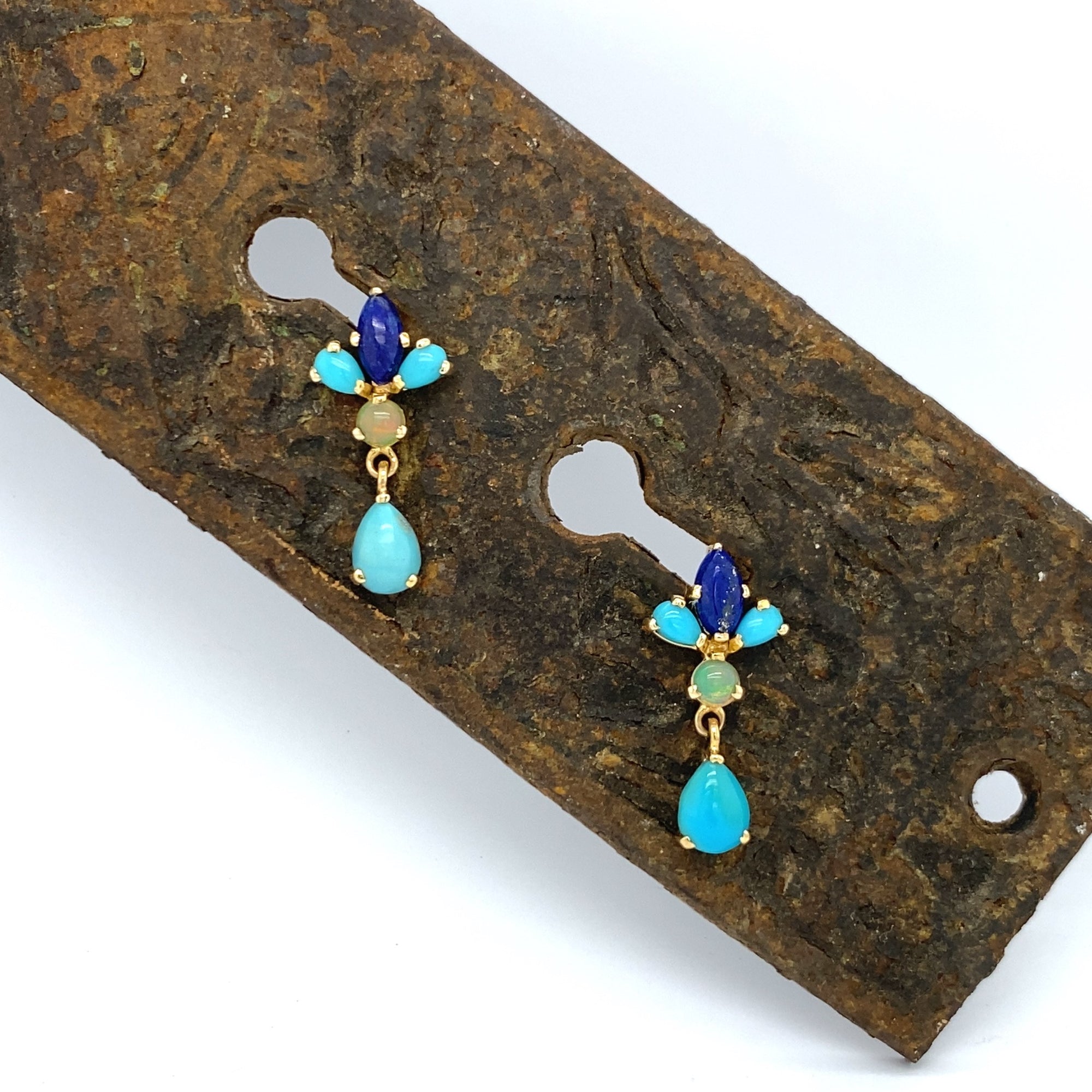 14K Gold Sleeping Beauty Turquoise, Lapis and Opal Post Earrings