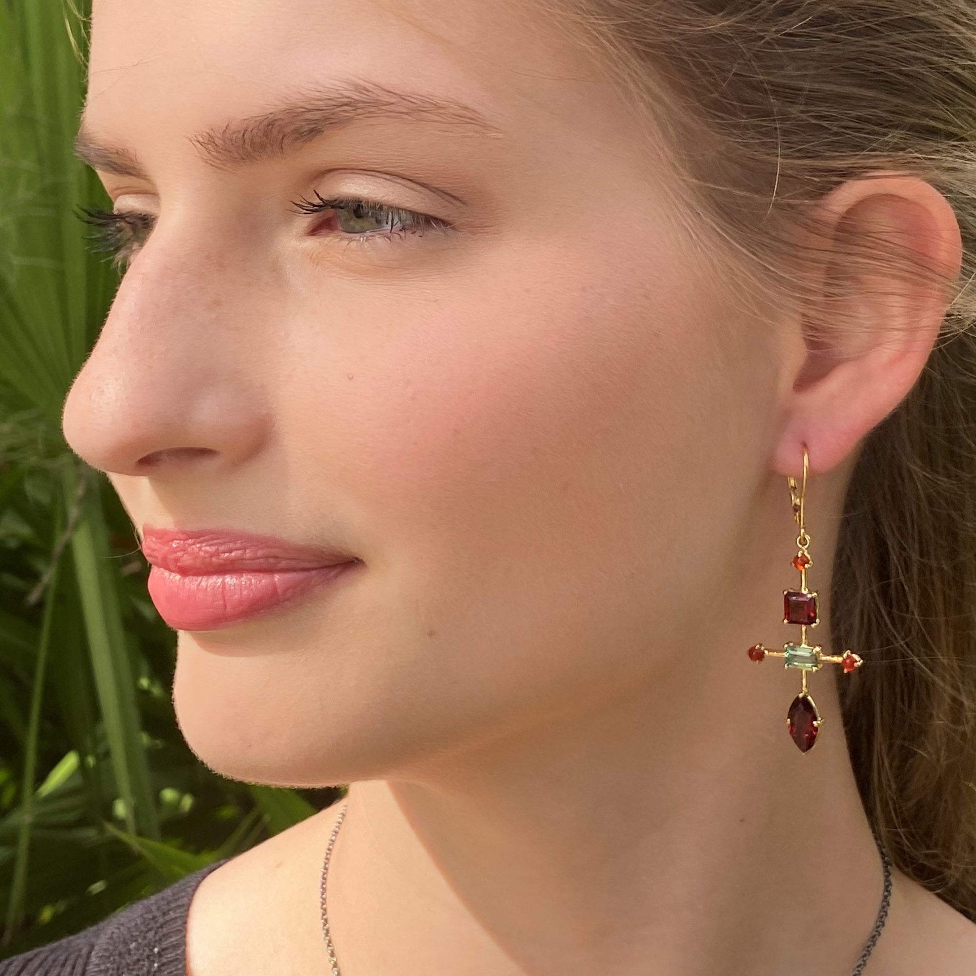 14k Gold Leverback Earrings with Garnet, Carnelian and Tourmaline