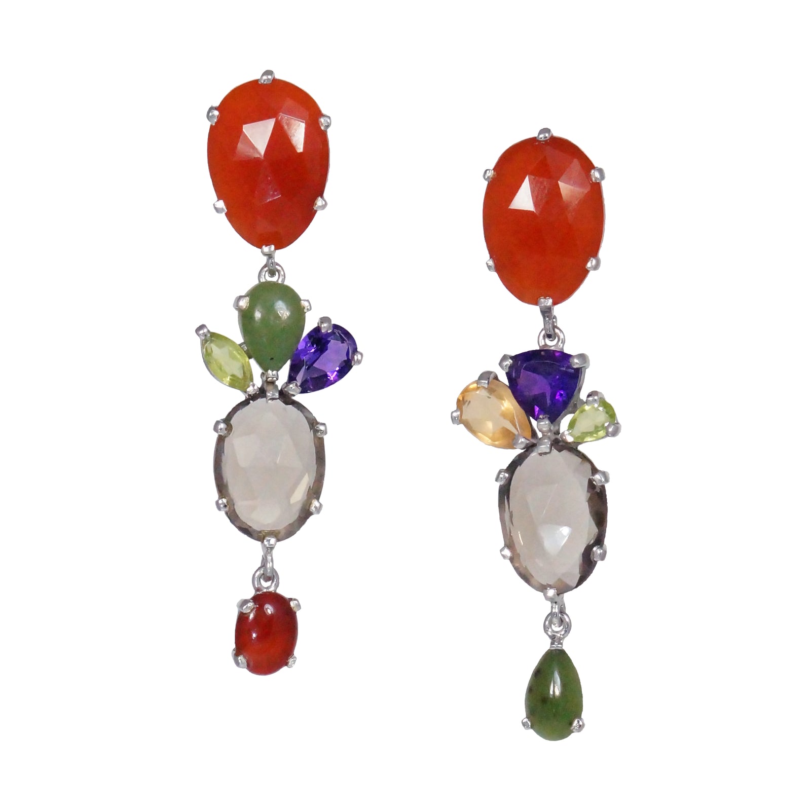 Silver Asymmetrical Carnelian & Mixed Stone Earrings