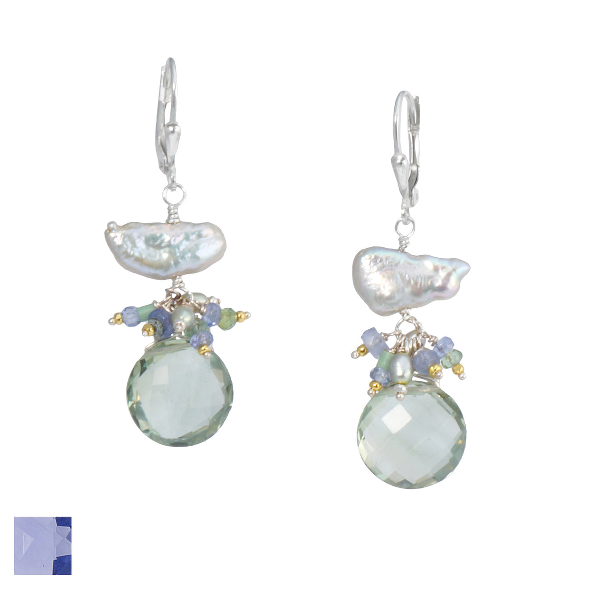 Keshi Pearl Earrings with Iolite or Green Amethyst