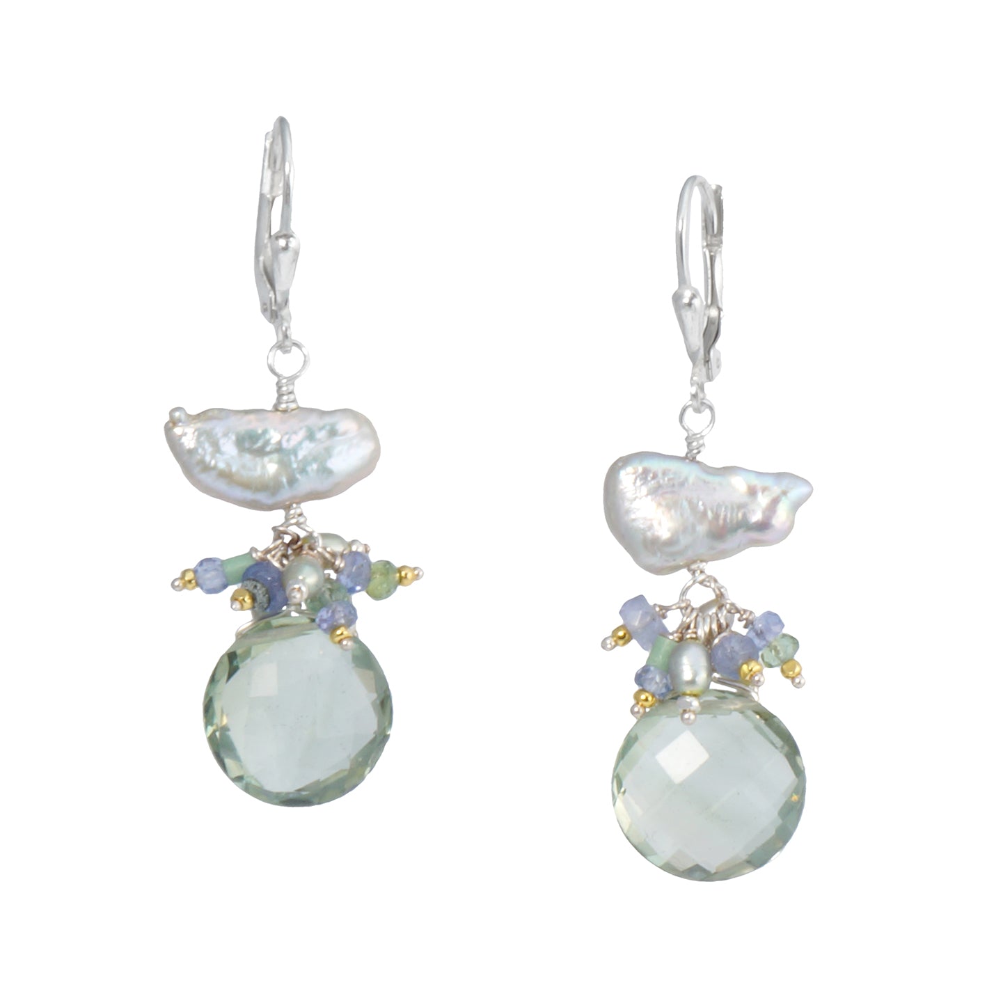 Keshi Pearl Earrings with Iolite or Green Amethyst