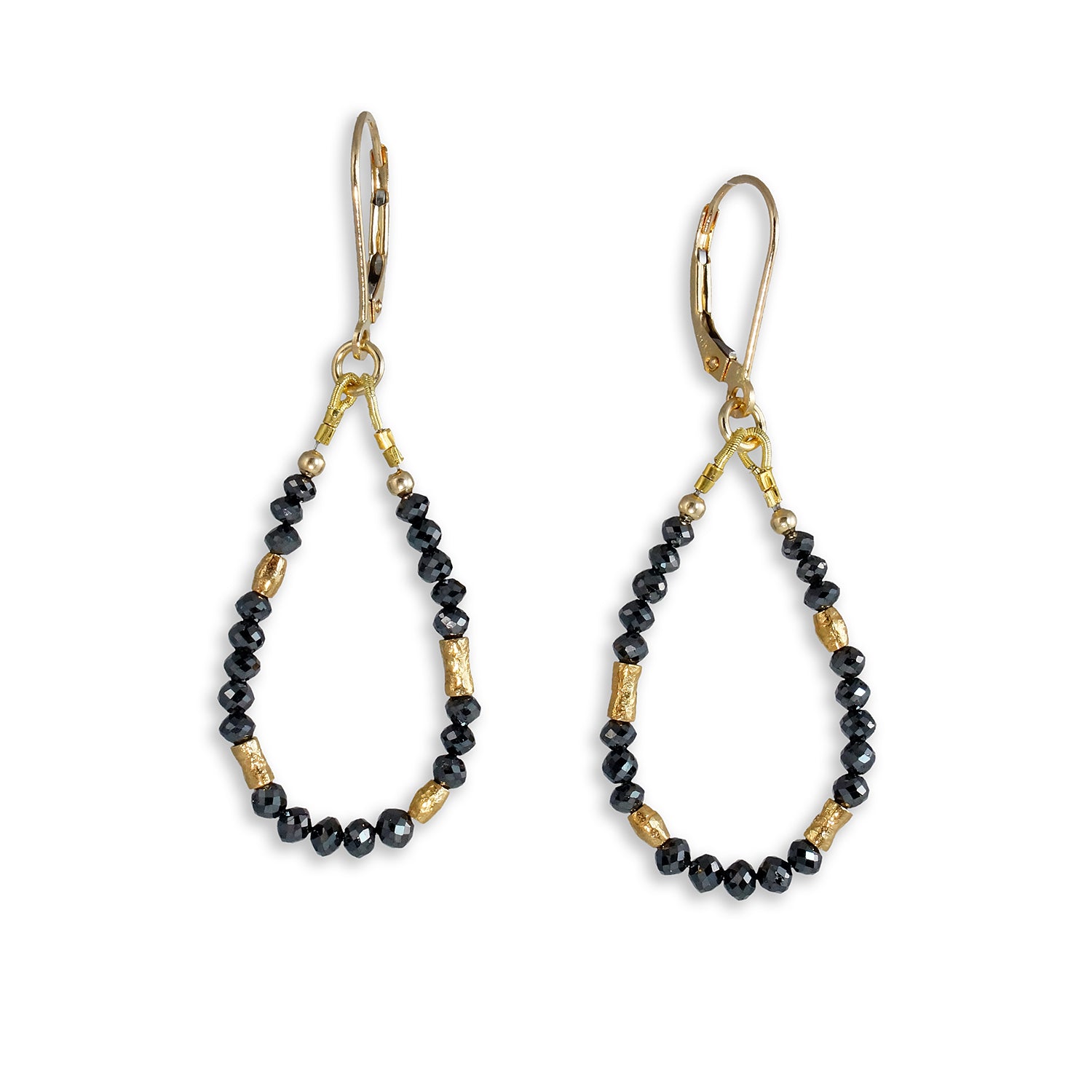 14k Gold Bead and Black Diamond Earrings